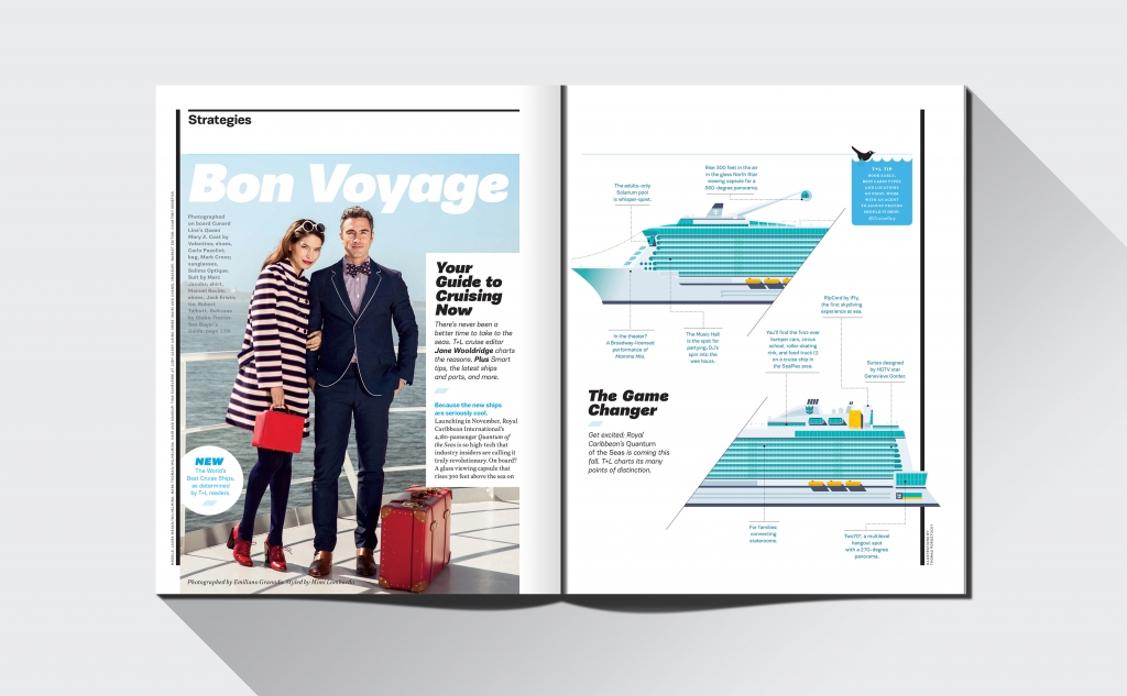 Travel and Leisure vector illustration of Quantum of the Seas cruise ship with magazine layout