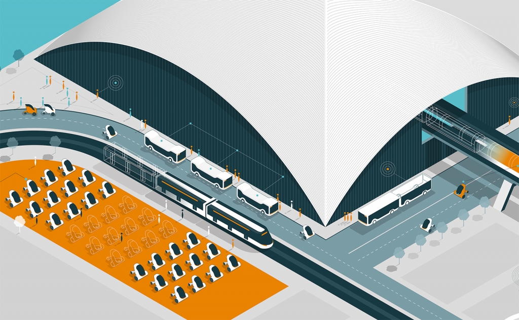 Wired illustration by Thomas Porostocky of The TOM Agency of the future transportation hub