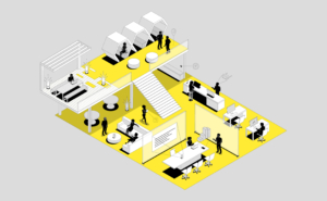 Yellow and Black Office of the future illustration design for Wired and DXC