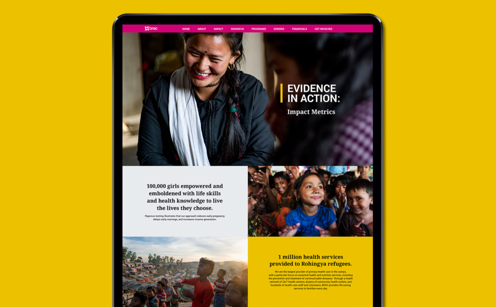 BRAC Annual Report website layout design on yellow