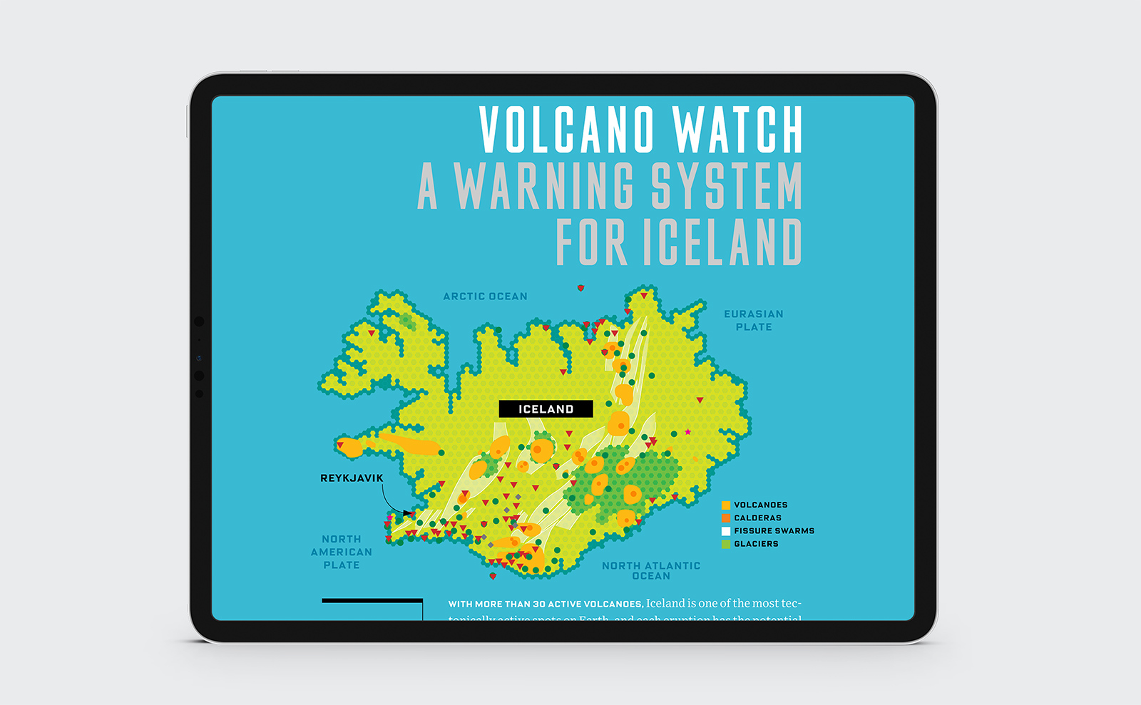 Designed vector map of Iceland showcasing a volcano warning system for Wired magazine