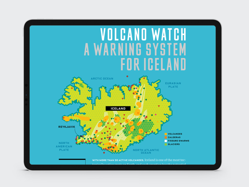 Designed vector map of Iceland showcasing a volcano warning system for Wired magazine